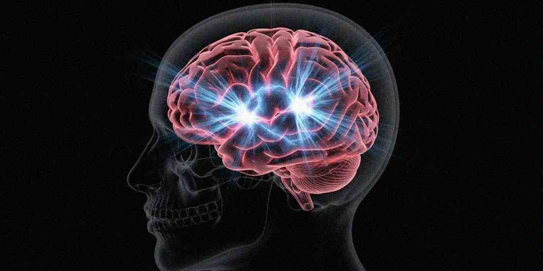 A digital illustration of a human head in profile shows a glowing brain with electric-like sparks and blue light concentrated in the center, highlighting brain activity.