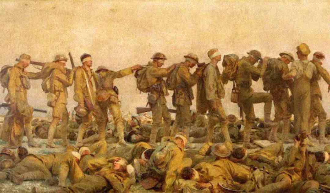 A group of soldiers, many blindfolded or injured, walk in a line helping each other, while others lie on the ground, depicting the aftermath of battle in a barren, war-torn landscape.