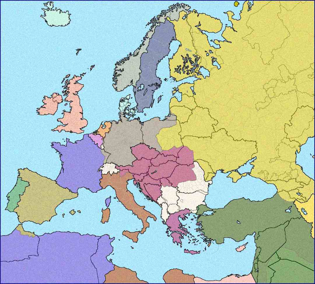 A political map of Europe showing countries in different colors, highlighting borders and neighboring nations. The map includes parts of North Africa, the Middle East, and Western Russia. No labels or country names are present.