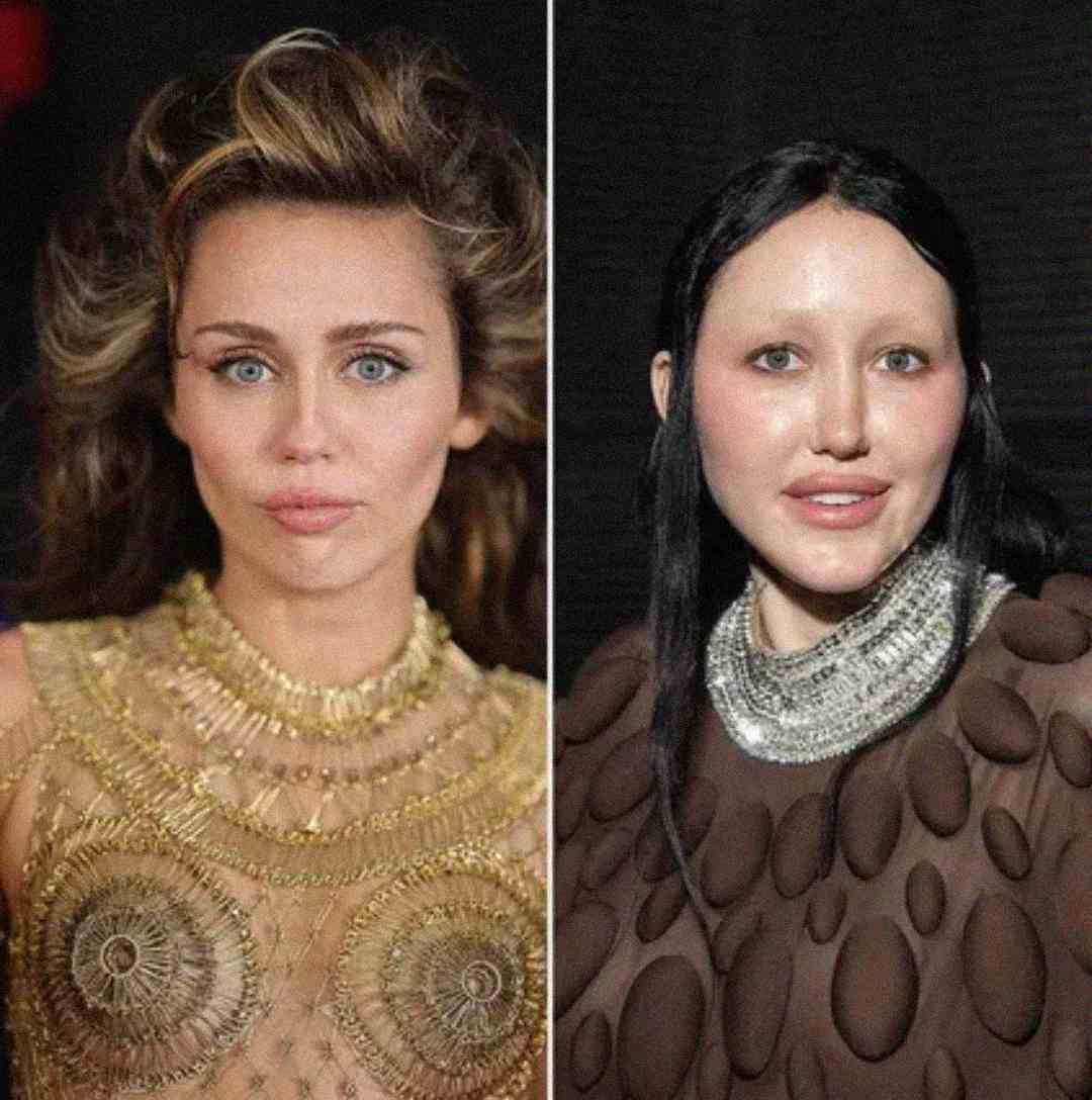 Two women stand side by side. The woman on the left has light skin, long wavy hair, and wears a sheer gold dress. The woman on the right has light skin, straight dark hair, and wears a brown dress with silver jewelry.