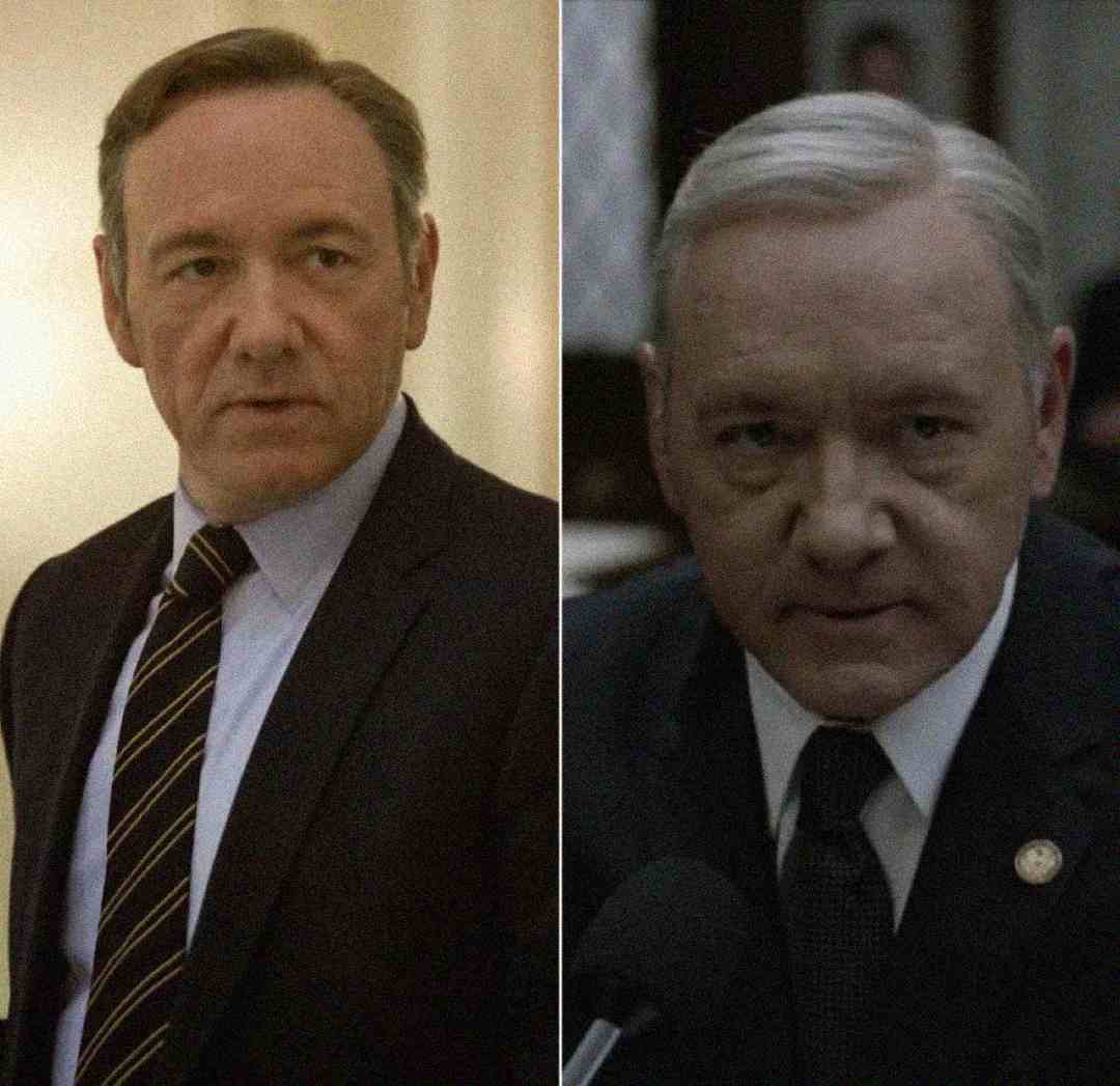 Side-by-side images of the same man wearing a suit and tie, with a serious expression. The left image shows him standing in a well-lit room, while the right image shows him seated in a dimly lit setting, speaking into a microphone.