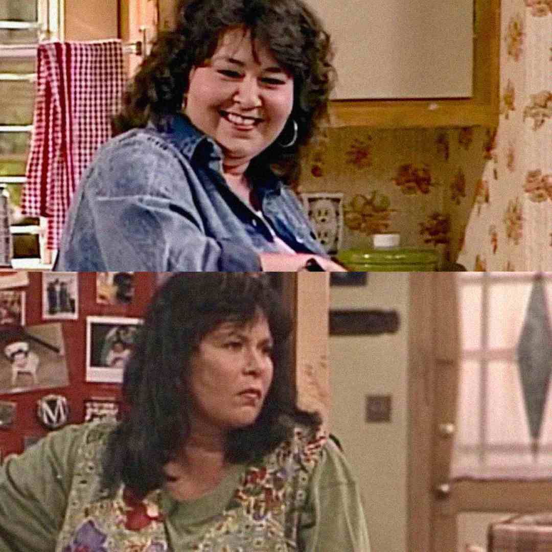 A woman with curly dark hair is shown in two scenes: in the top image, she is smiling in a kitchen; in the bottom image, she looks serious, standing in front of a refrigerator and a wall with photos.