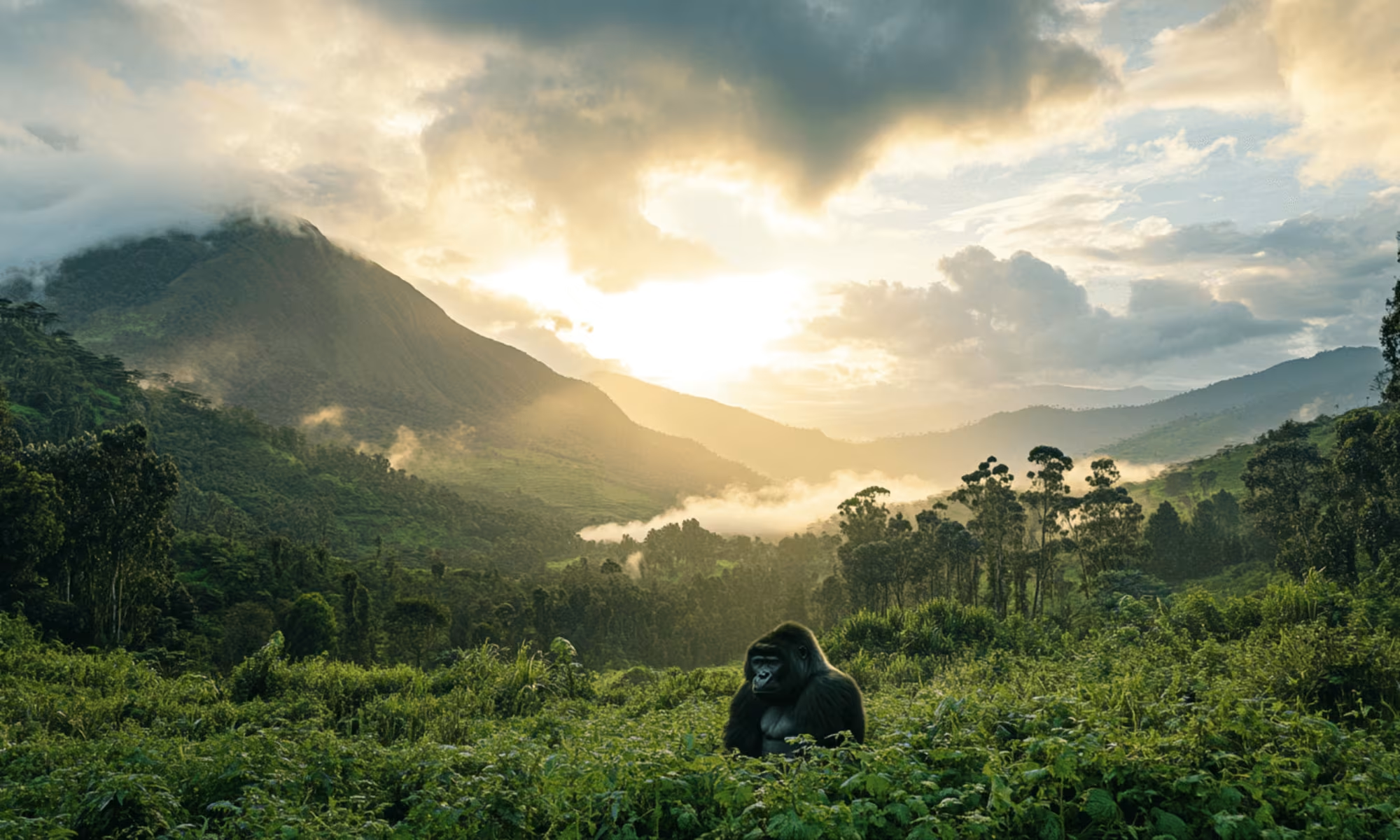 A mountain gorilla sits in lush green vegetation with misty mountains and dramatic clouds illuminated by the golden sunrise in the background.