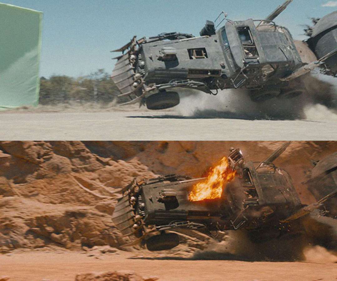 Side-by-side images show a truck flipping over. The top image has a green screen in the background, while the bottom image shows an explosion and a digitally added rocky landscape.