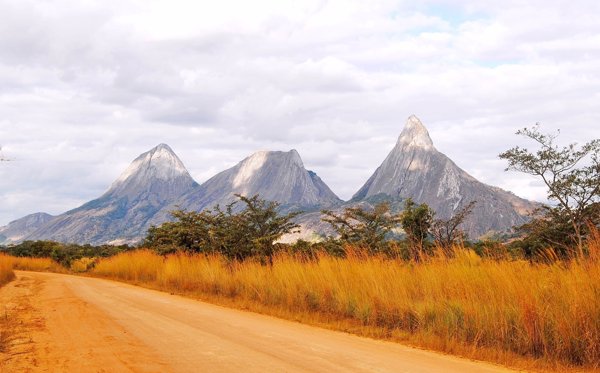 Three steep, rocky mountains rise above a savanna landscape with tall, golden grass and scattered trees, next to a reddish dirt road under a partly cloudy sky.