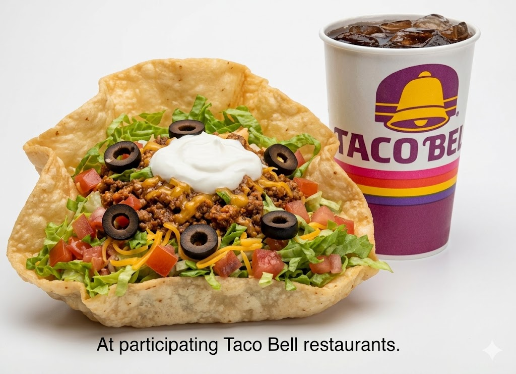 A Taco Bell taco salad in a crispy tortilla bowl with ground beef, lettuce, tomatoes, cheese, black olives, and sour cream, next to a cup of soda. Text: "At participating Taco Bell restaurants.