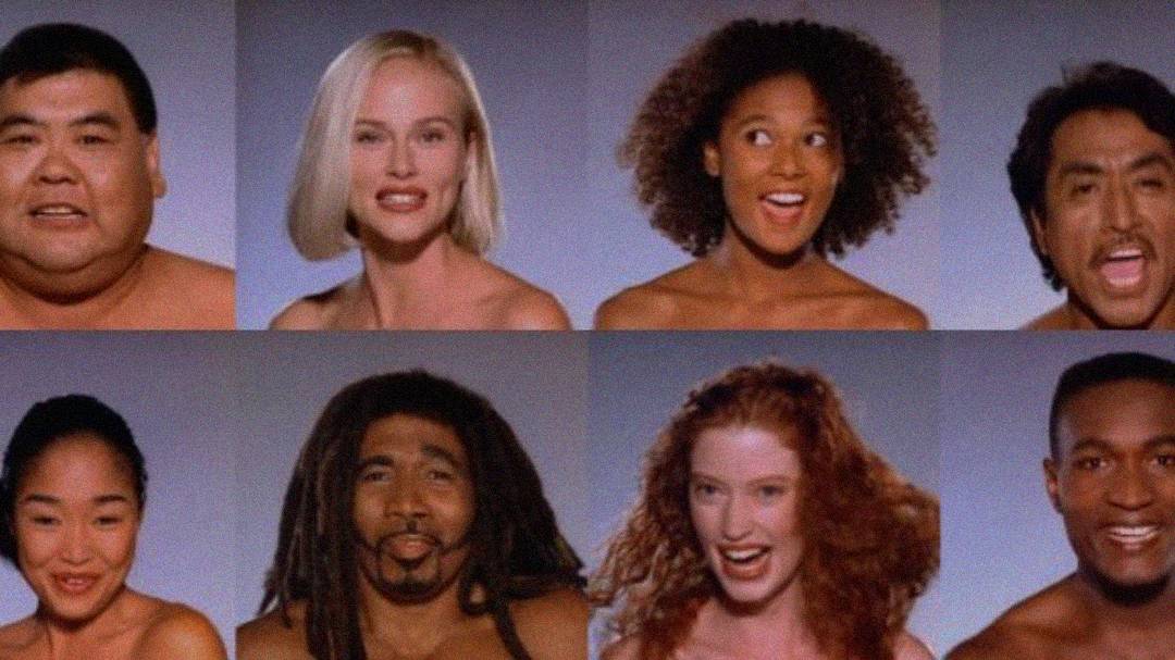 Eight people of diverse ethnicities are shown from the shoulders up against a light background, all smiling or laughing and looking toward the camera.