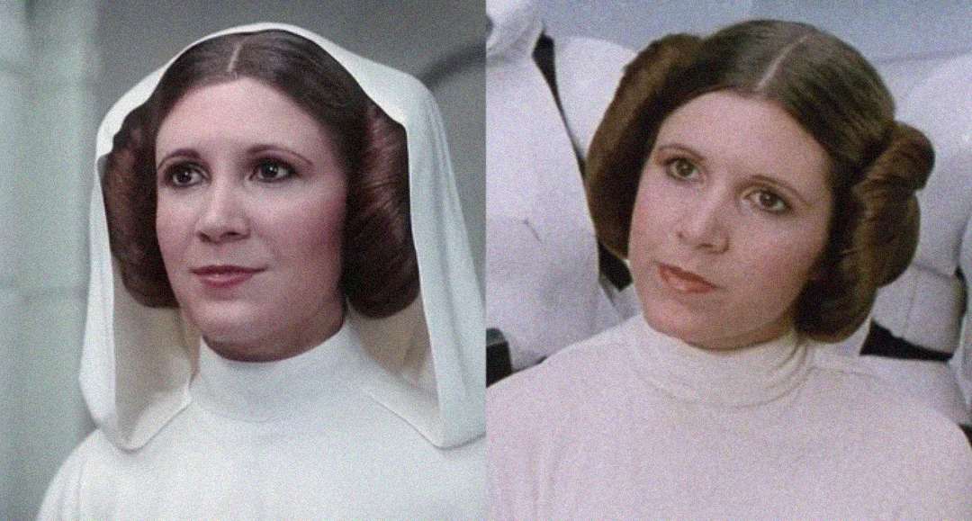 Side-by-side images of Princess Leia from Star Wars; on the left, she wears a white hood, and on the right, her iconic hair buns are visible against a background with stormtroopers.