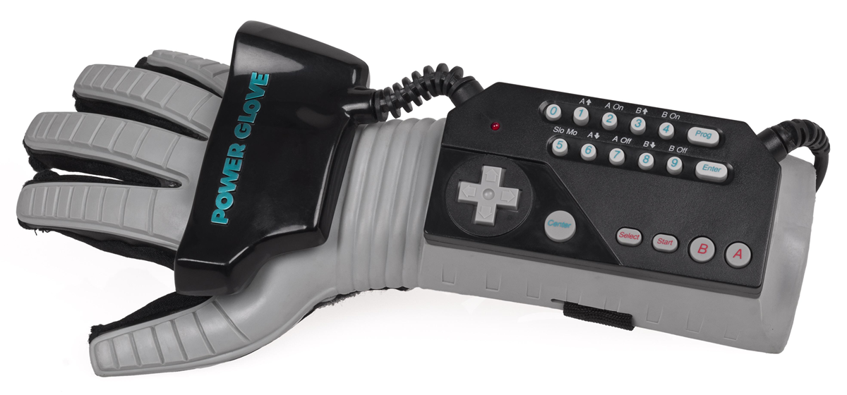 A gray and black Nintendo Power Glove controller featuring a keypad, control pad, and buttons, with the words "POWER GLOVE" printed on the wrist section.