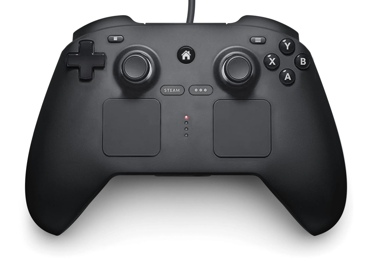 A black gaming controller with two thumbsticks, a directional pad, four labeled action buttons, additional central buttons, and two large touchpads. The controller is wired and designed for PC gaming.