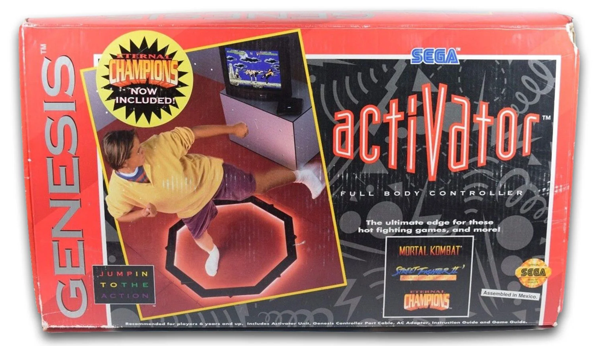 Box for the SEGA Genesis Activator full body controller, showing a person standing inside an octagonal device, playing a fighting game on TV. The box features red and black colors and promotional text.