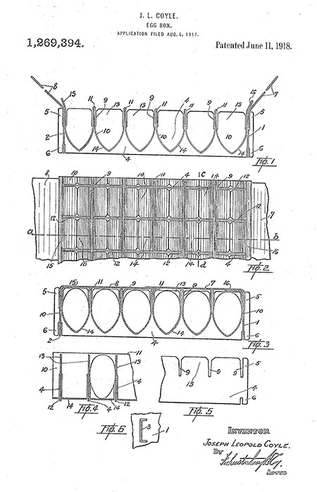 Patent drawing for an egg box from 1918, showing several technical diagrams of a carton designed to hold eggs securely. Includes labeled top, side, and section views, plus a signature of the inventor.