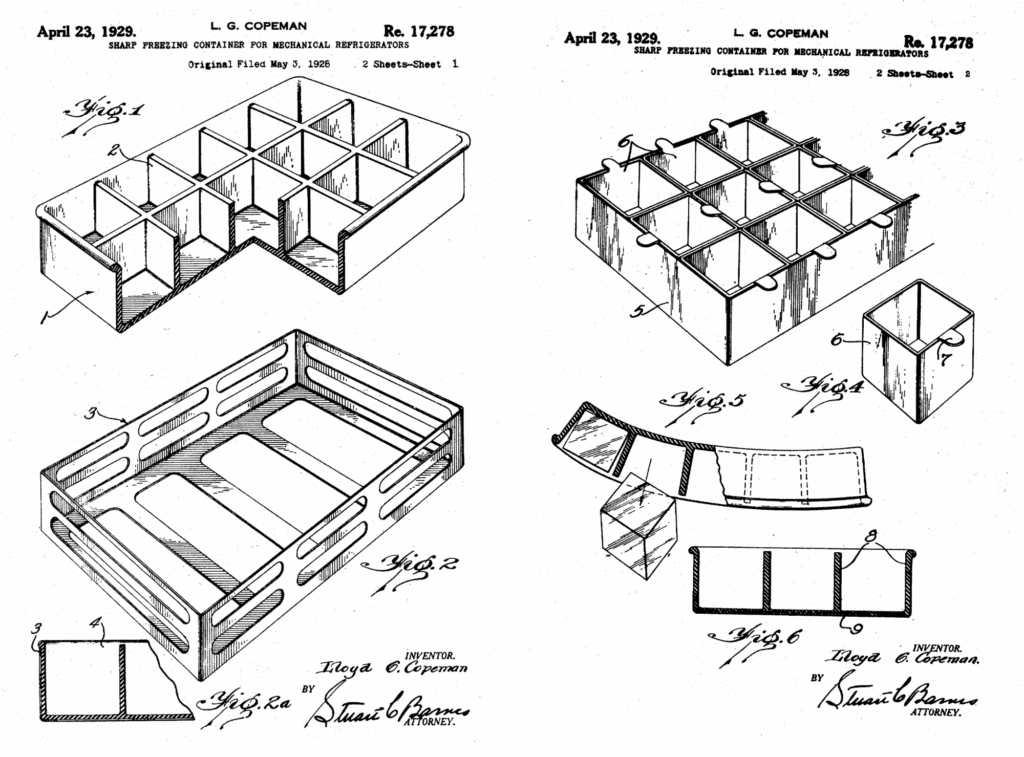 Patent drawings showing various views and designs of a metal compartmentalized tray, with labeled figures illustrating its assembled and individual component forms, credited to inventor L.G. Copeman, dated April 23, 1929.