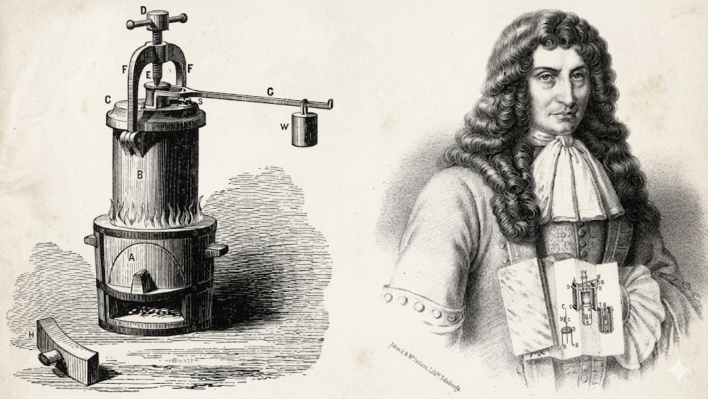 A vintage illustration of a pressure experiment device with labeled parts is shown on the left; on the right is a historical portrait of a man with long hair and formal attire, holding a paper with a similar device.