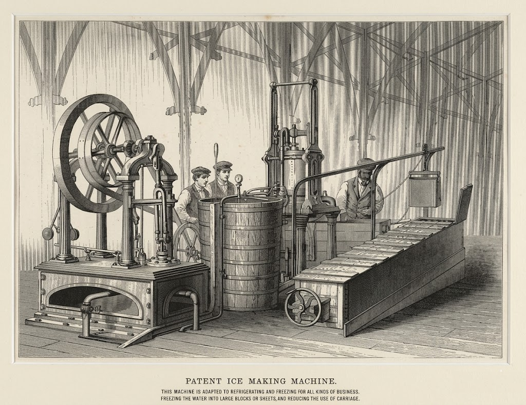 A vintage illustration of a patent ice-making machine with large wheels, levers, and cooling trays, operated by three men wearing hats and work clothes inside an industrial building.