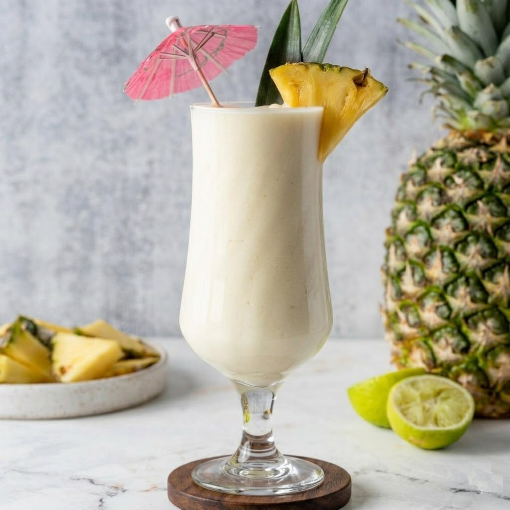 A tall glass of piña colada garnished with a pineapple slice, a pineapple leaf, and a pink cocktail umbrella, sits on a coaster near a fresh pineapple, lime, and a bowl of pineapple slices.