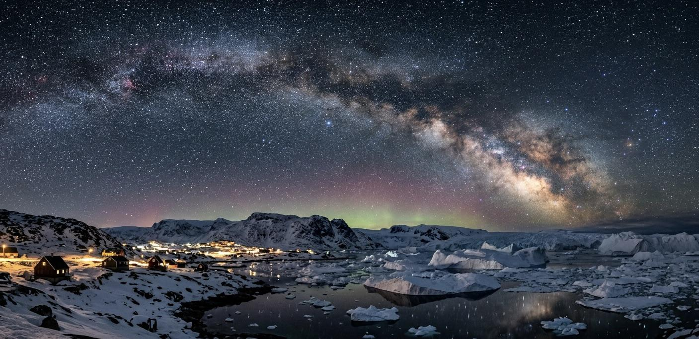 Snowy Arctic village and icebergs under a vivid starry sky with the Milky Way arching above. Northern lights glow faintly on the horizon, reflecting on the calm, icy water. Warm lights dot the village below.