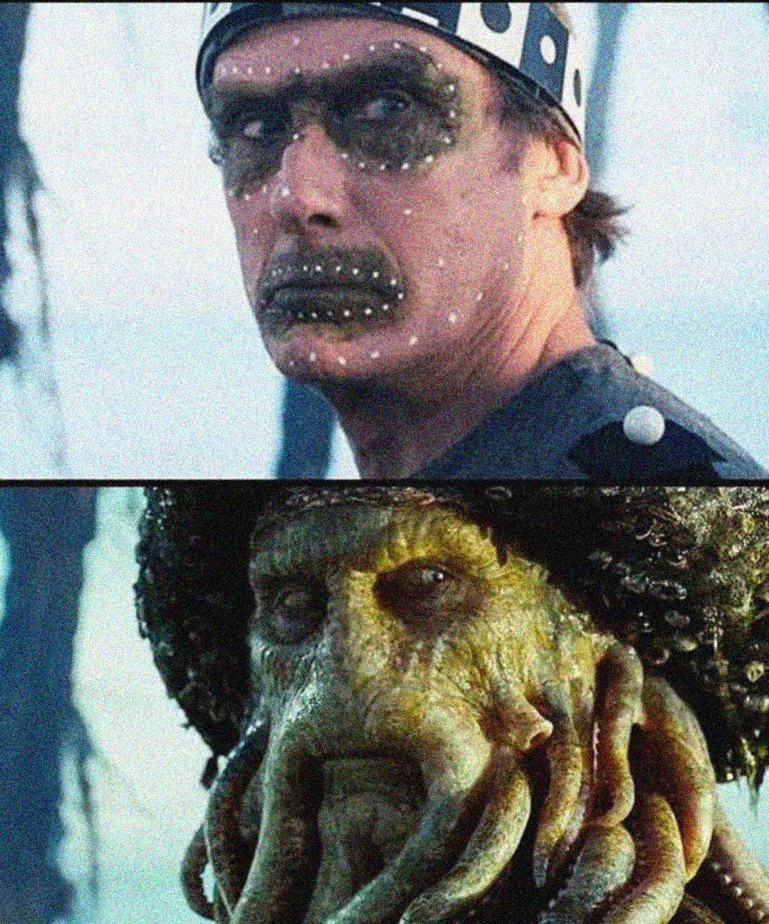 Split image: Top shows a man with facial motion capture dots wearing a polka dot headband; bottom shows a CGI sea creature with tentacles for a beard, resembling a character from "Pirates of the Caribbean.