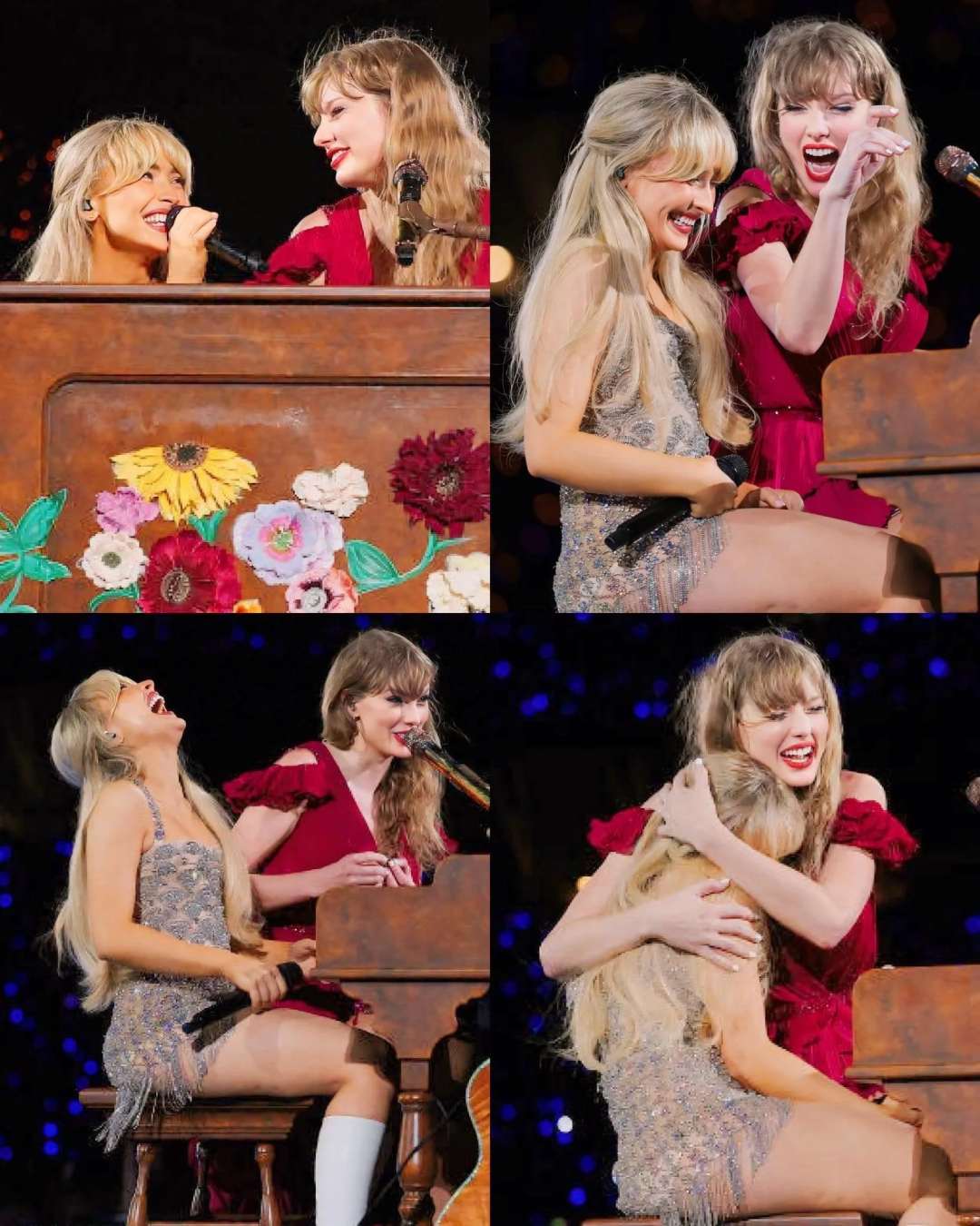 Four photos show two women performing on stage together. One plays a flower-decorated piano. Both laugh, sing, and share a joyful hug, dressed in sparkly and red outfits under bright stage lights.