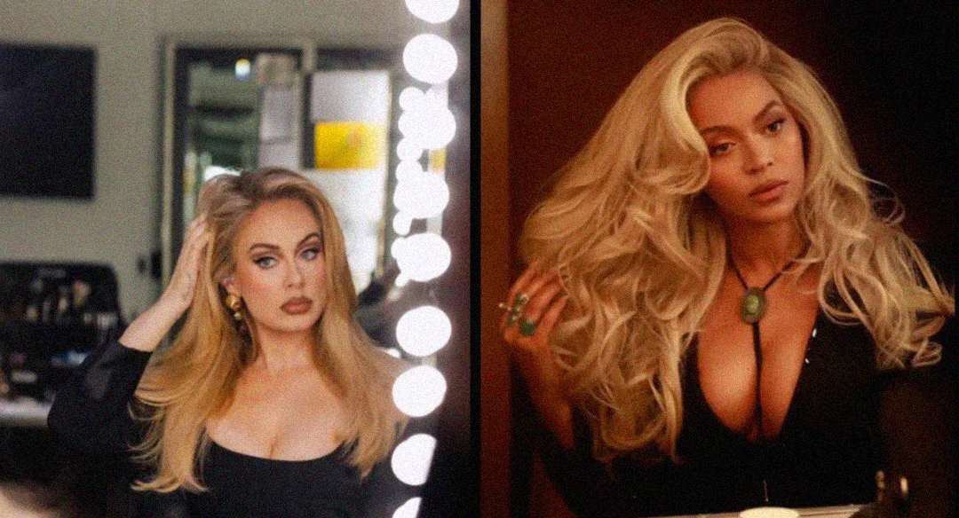 Two women with long blonde hair and glamorous makeup pose in separate mirrors. Both wear black outfits and dramatic jewelry, with soft lighting highlighting their features and creating a stylish, elegant atmosphere.