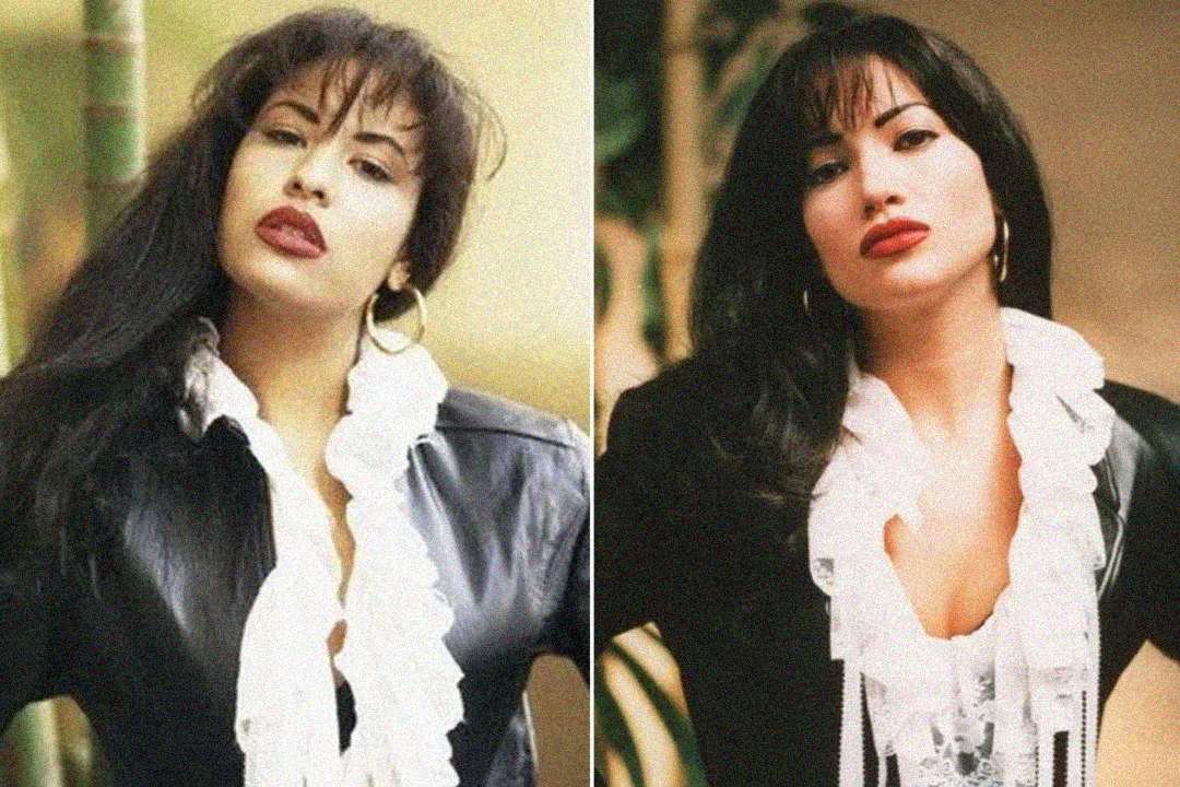 Side-by-side photos of two women with long dark hair, wearing black jackets and white ruffled shirts, standing outdoors. Both have similar makeup and serious expressions, resembling each other closely.