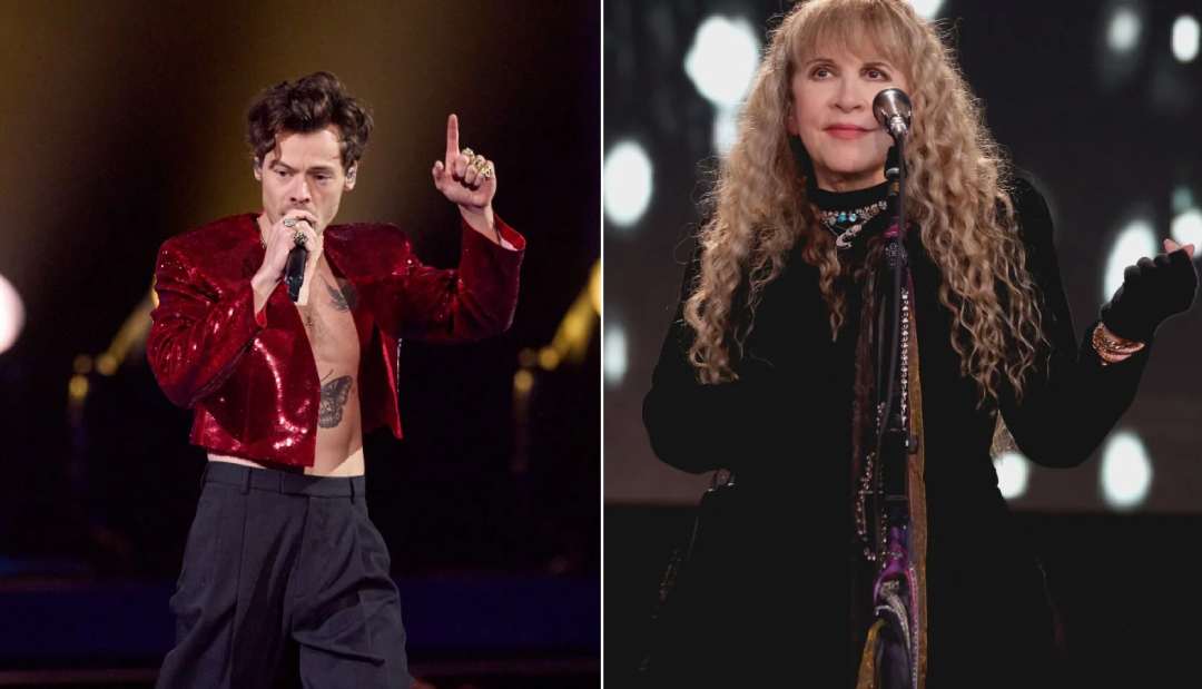 A split image shows a man in a red sequined jacket singing with one hand raised, and a woman with long curly hair and black gloves singing into a microphone, both performing on stage.