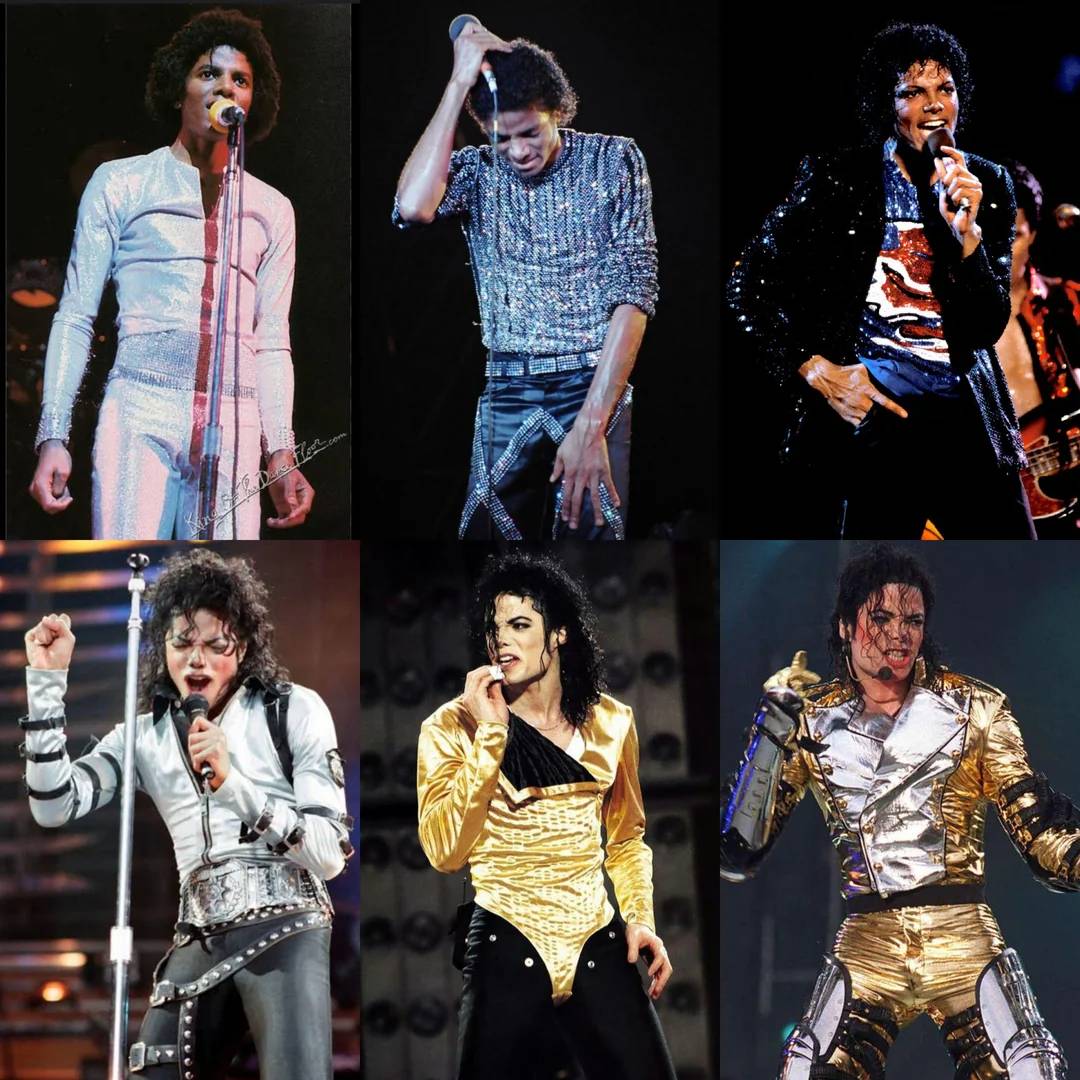 A collage of six photos featuring Michael Jackson performing on stage in different iconic outfits, including sparkling jackets, metallic shirts, and dynamic dance poses.