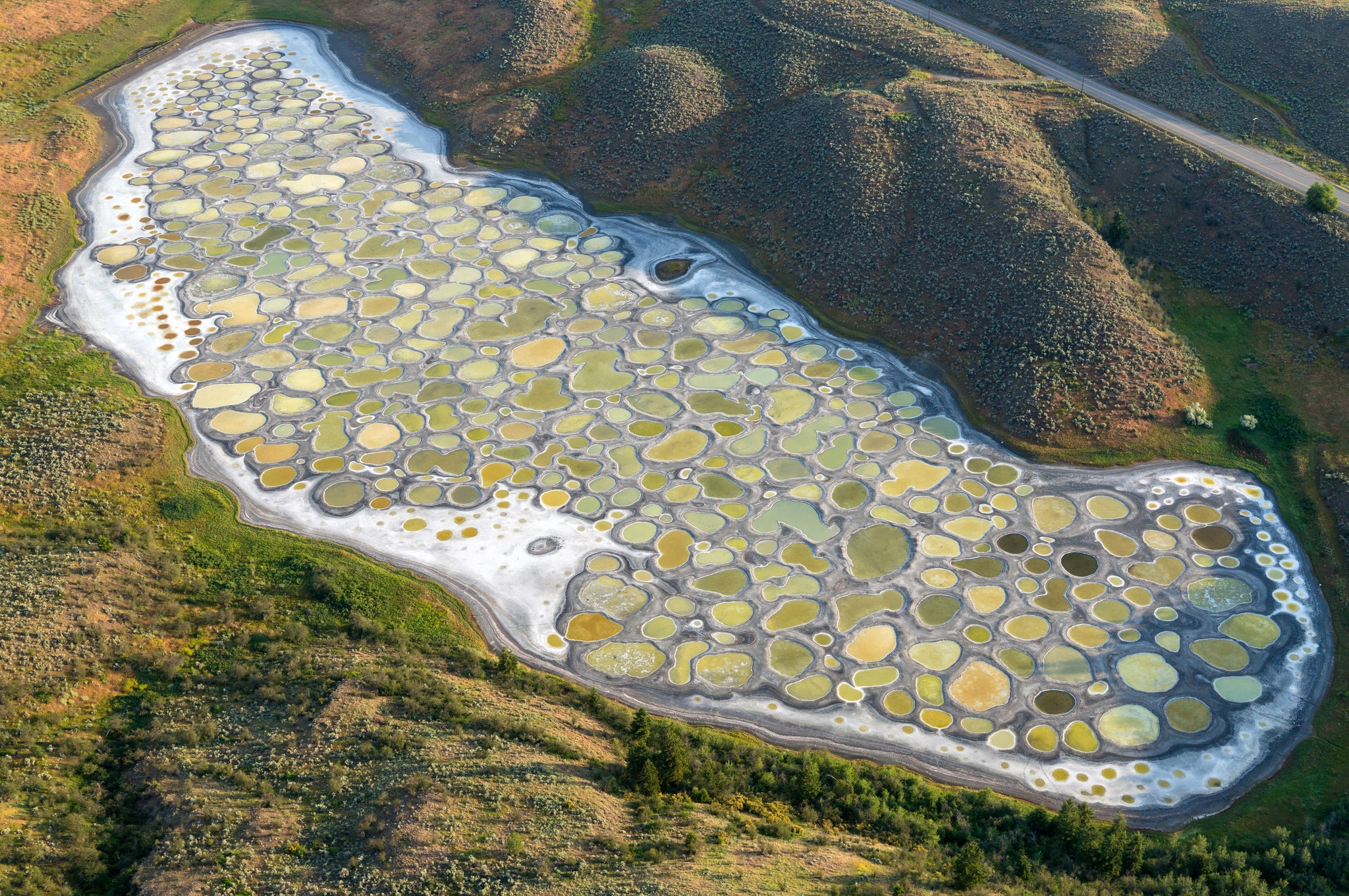 Aerial view of a large, irregularly shaped lake with many circular, multicolored pools separated by white mineral deposits, surrounded by grassy and hilly terrain with a road nearby.