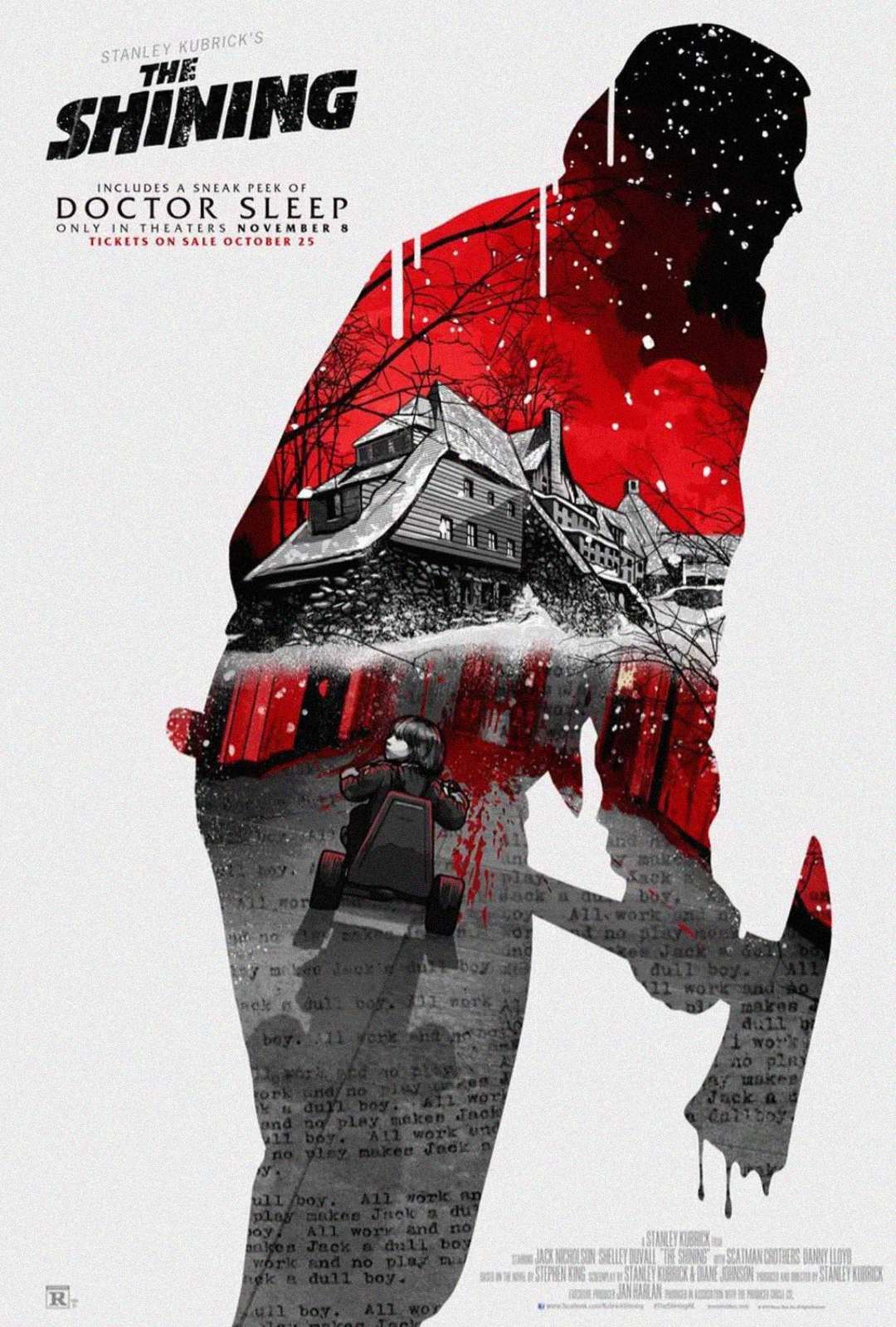 Poster for "The Shining" shows a silhouette of a man with an axe, filled with images of a snowy hotel, a boy on a tricycle, and red blood splatters. Typewritten text and snowflakes appear at the bottom.