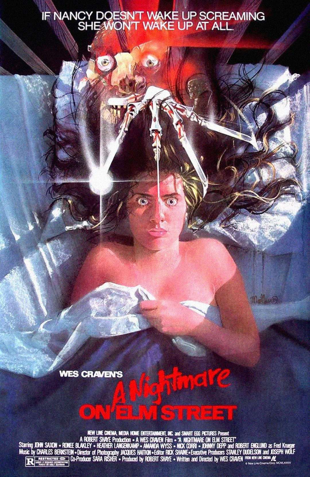 A frightened woman lies in bed, eyes wide open, with claws reaching toward her from above. Her hair fans out around her head, and a ghostly face looms overhead. The poster reads: "A Nightmare on Elm Street.
