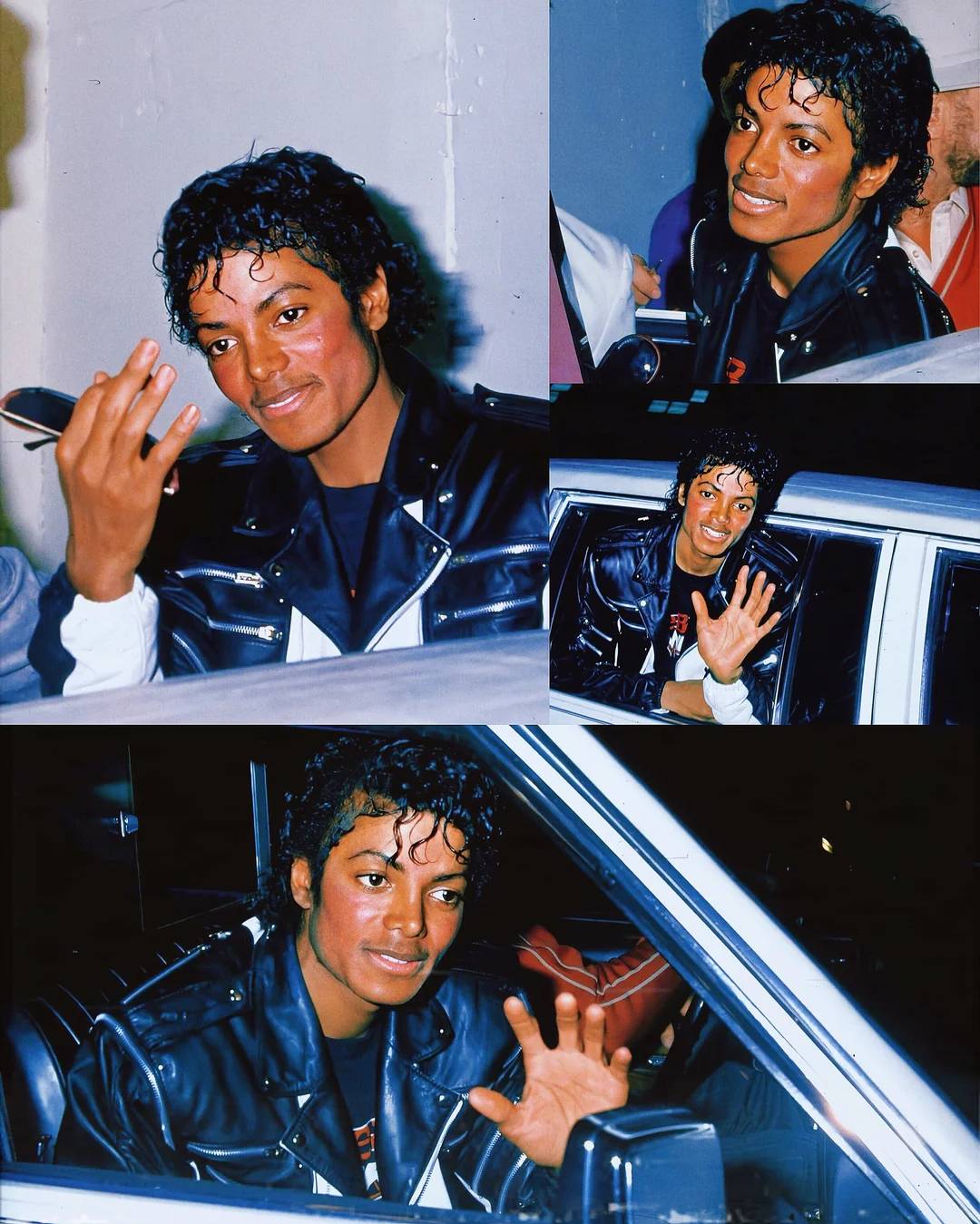 A man with curly hair wearing a black leather jacket poses and waves while sitting in a car and standing indoors, smiling in various candid moments.