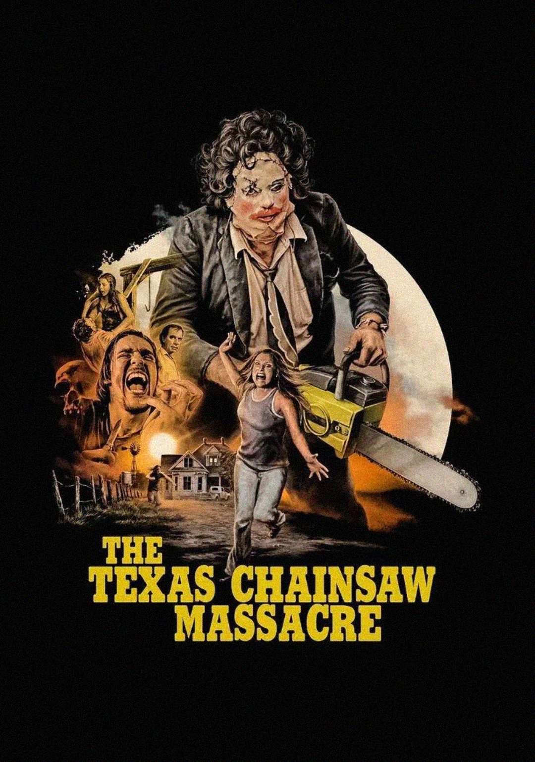 Poster for "The Texas Chainsaw Massacre" showing a large masked figure with a chainsaw, a terrified woman running in the foreground, and other distressed characters against a dark background. Bold yellow title text below.