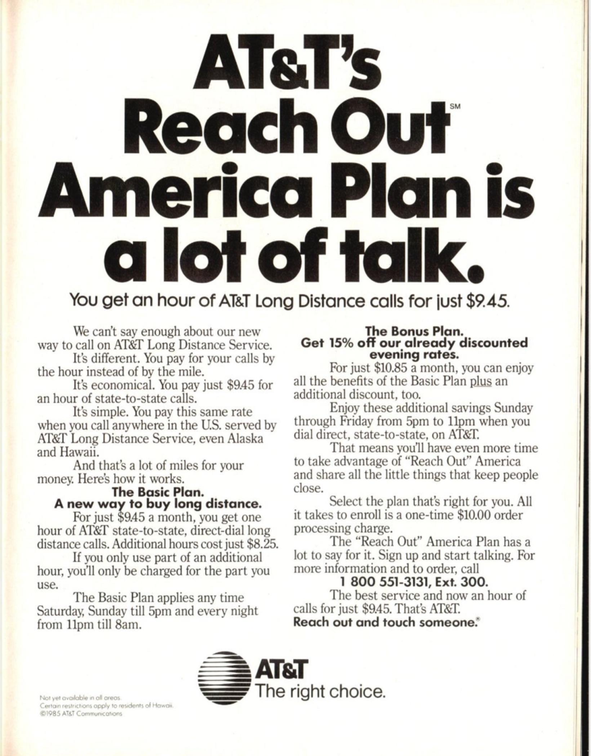 AT&T advertisement promoting the "Reach Out America Plan" for long-distance calls at $9.45 per month, with bold text and plan details including benefits, pricing, and a contact number for more information.