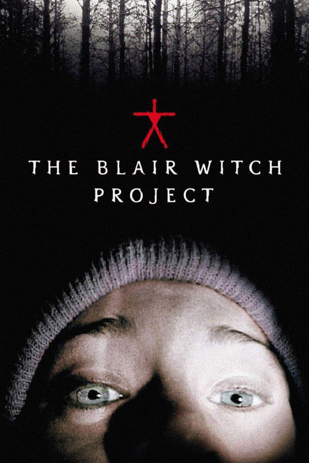 A close-up of a person's wide-eyed face lit by a flashlight, wearing a knit cap. Above, "The Blair Witch Project" title appears with a red stick figure symbol and dark, eerie woods in the background.