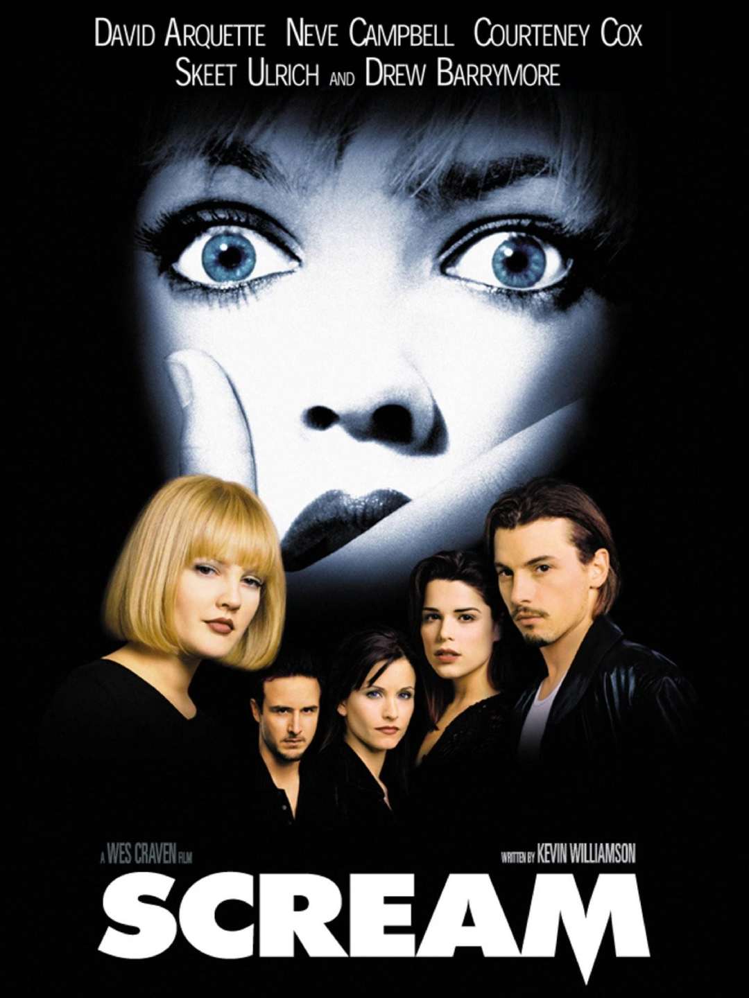 Poster for the movie "Scream" featuring a large, shocked face with wide eyes above five actors, including Drew Barrymore, with the film’s title and cast names displayed. The background is dark and dramatic.