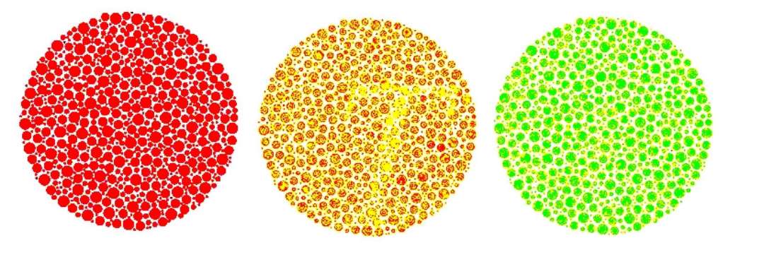 Three circles filled with different colored dots: the left circle has red dots, the middle has yellow and orange dots, and the right has green and yellow dots, all on a white background.