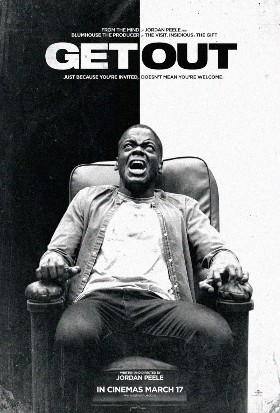 A distressed man is strapped to an armchair, screaming, against a dark background. The poster text reads "Get Out" with release details and credits, promoting Jordan Peele's thriller film.