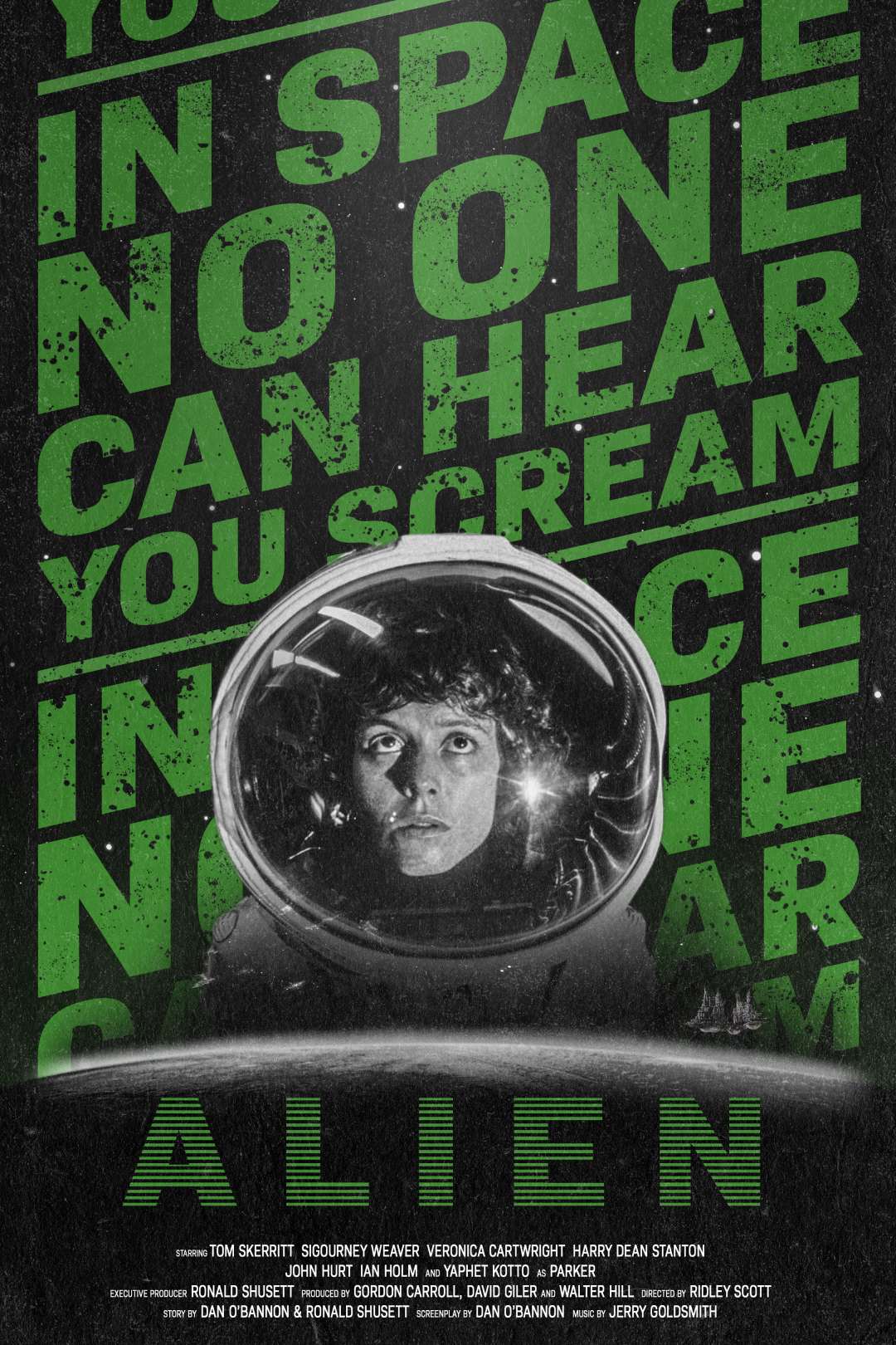 Movie poster for "Alien" featuring a person in a space helmet centered in front of large green text that reads, "In space no one can hear you scream," with the film’s title and credits at the bottom.