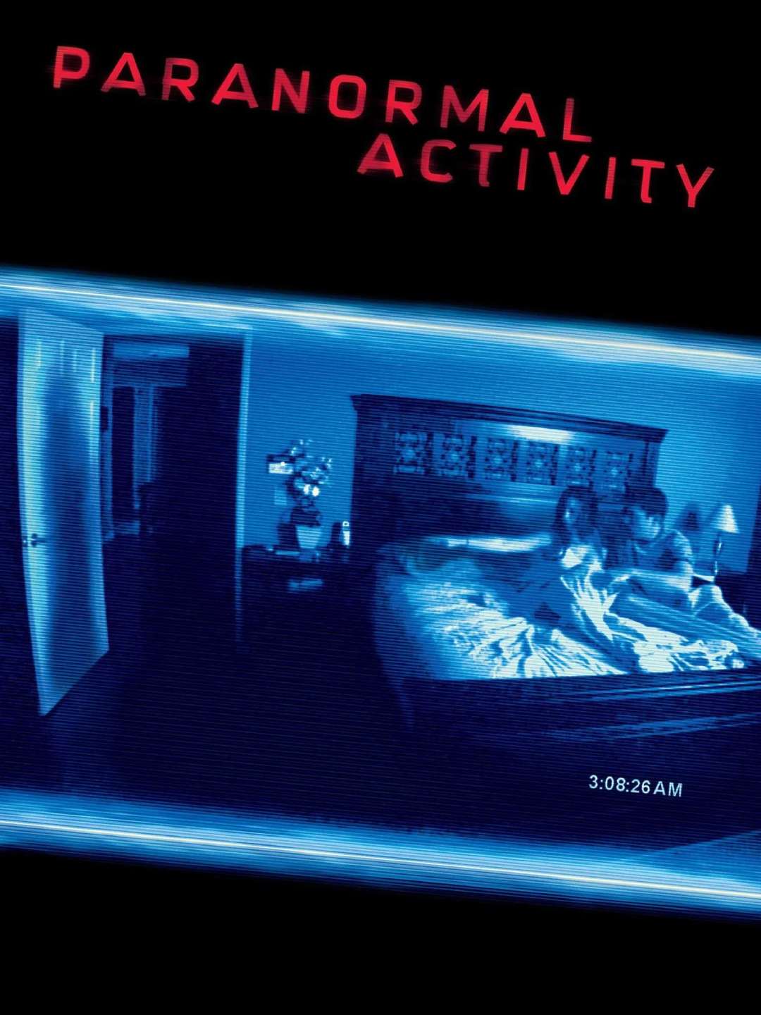 A blue-tinted surveillance camera view shows two people sitting upright in bed, looking toward an open door. The words "PARANORMAL ACTIVITY" appear at the top, and a timestamp reads 3:08:26 AM.