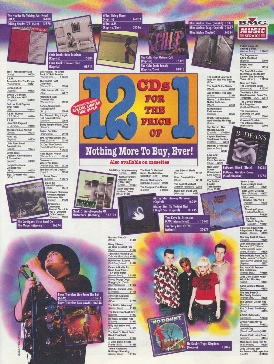 Colorful magazine ad for a CD club offers "12 CDs for the price of 1," with album covers, band photos, and lists of artists against a rainbow gradient background. Text promotes cassettes and a “nothing more to buy, ever” promise.