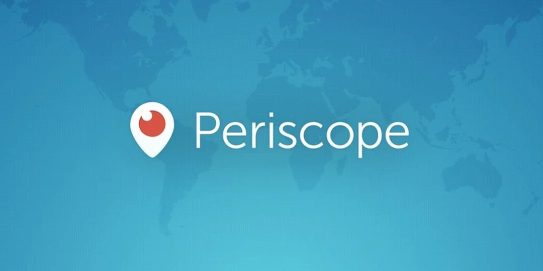 Periscope app logo featuring a red and white map pin icon next to the word "Periscope" on a blue background with a faint world map.