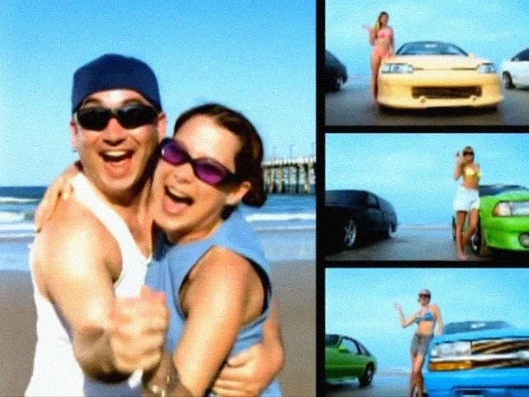 A man and woman in sunglasses smile and pose on a sunny beach, while smaller panels show women standing in front of brightly colored cars on the sand, with the ocean and a pier in the background.