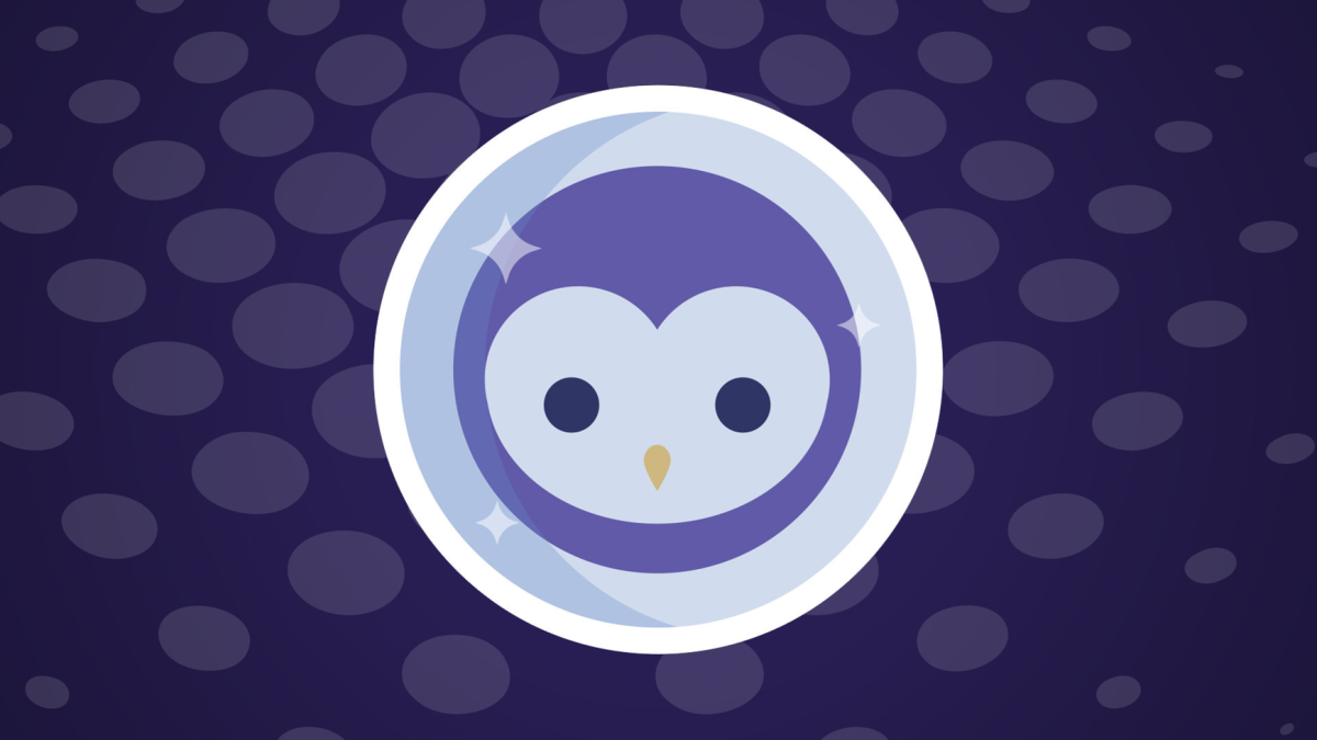 A minimalist illustration of an owl’s face inside a white circle, set against a dark purple background with lighter purple oval shapes. The owl has a pale beak and round black eyes, and the image includes sparkles for a shiny effect.