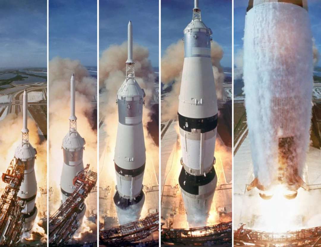 A sequence of five images showing a rocket launching, from ignition to liftoff, with smoke and flames billowing from the base as the rocket rises above the launch pad.