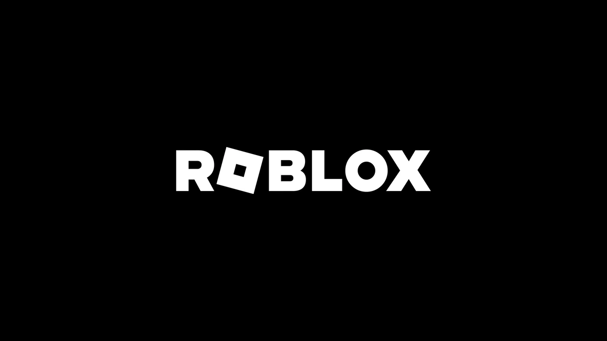 The image displays the Roblox logo with the word "ROBLOX" in bold white letters on a black background. The first "O" is represented by a tilted square, resembling the company’s distinctive icon.