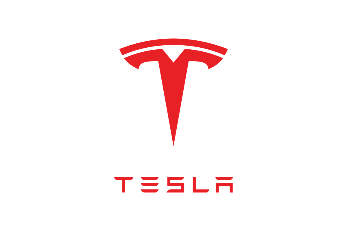 The image shows Tesla's red logo, featuring a stylized "T" above the word "TESLA" in a bold, futuristic font, all set against a light gray background.