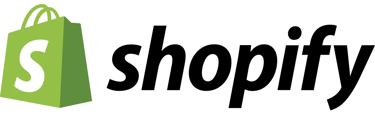 Shopify logo featuring a green shopping bag with a white "S" next to the word "shopify" in bold, black lowercase letters on a white background.