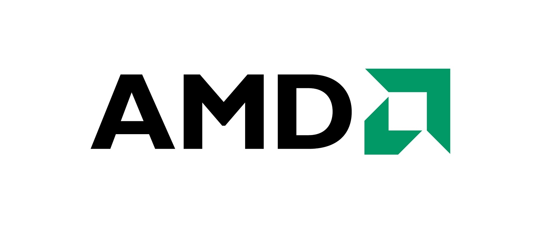 The AMD logo featuring bold black letters "AMD" next to a green geometric arrow symbol, all on a white background.