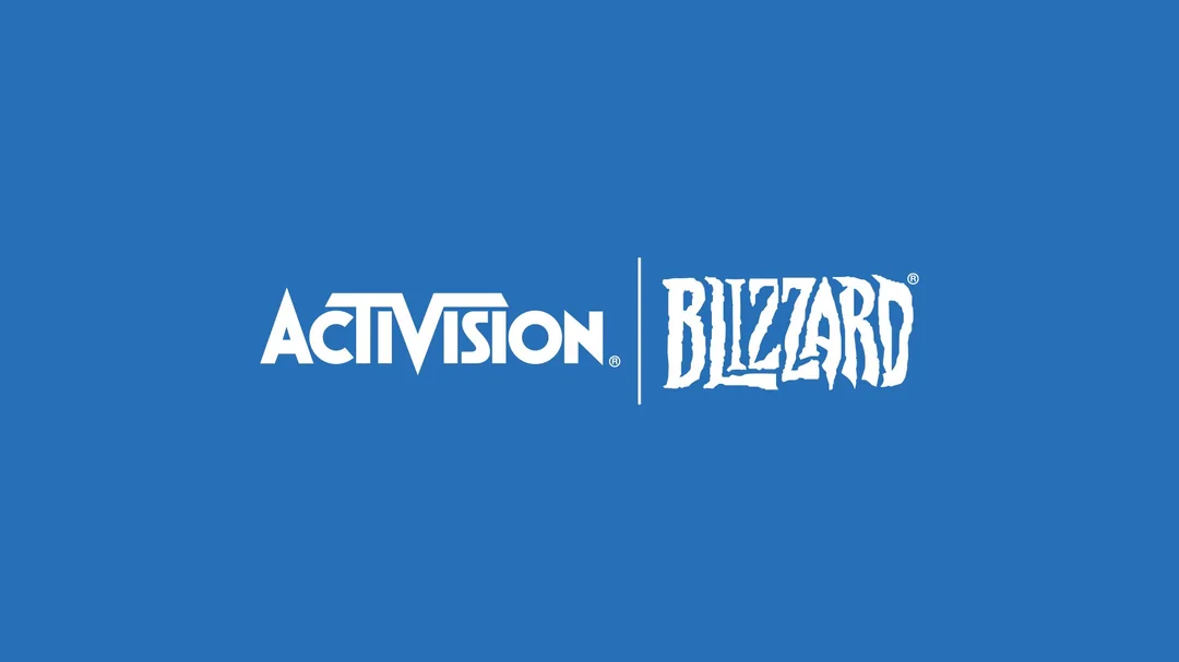 White Activision and Blizzard logos side by side on a solid blue background.