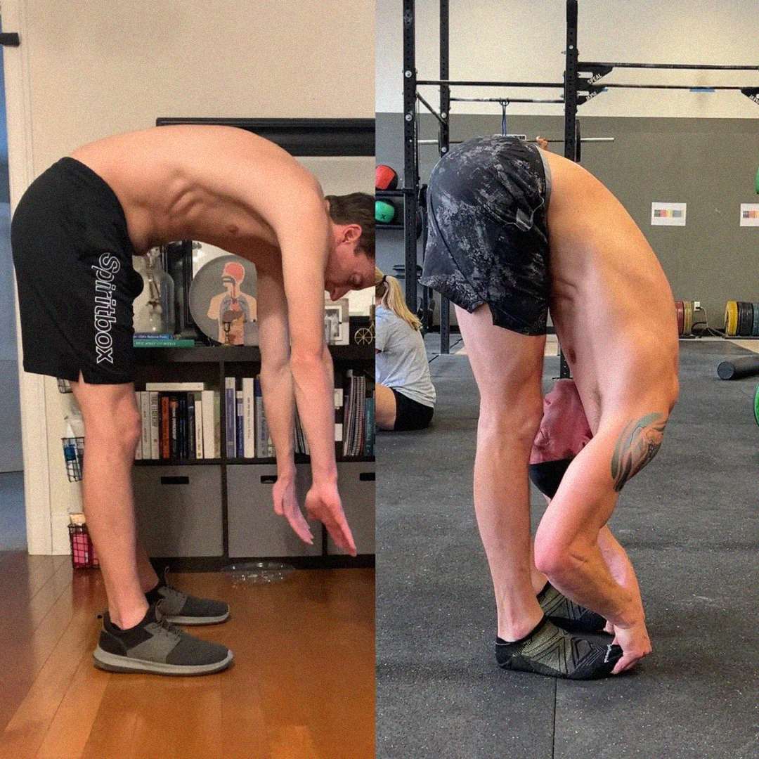 Side-by-side comparison of a shirtless man doing a standing forward bend: on the left, he struggles to touch the floor; on the right, he bends much further, reaching his hands under his feet in a gym setting.